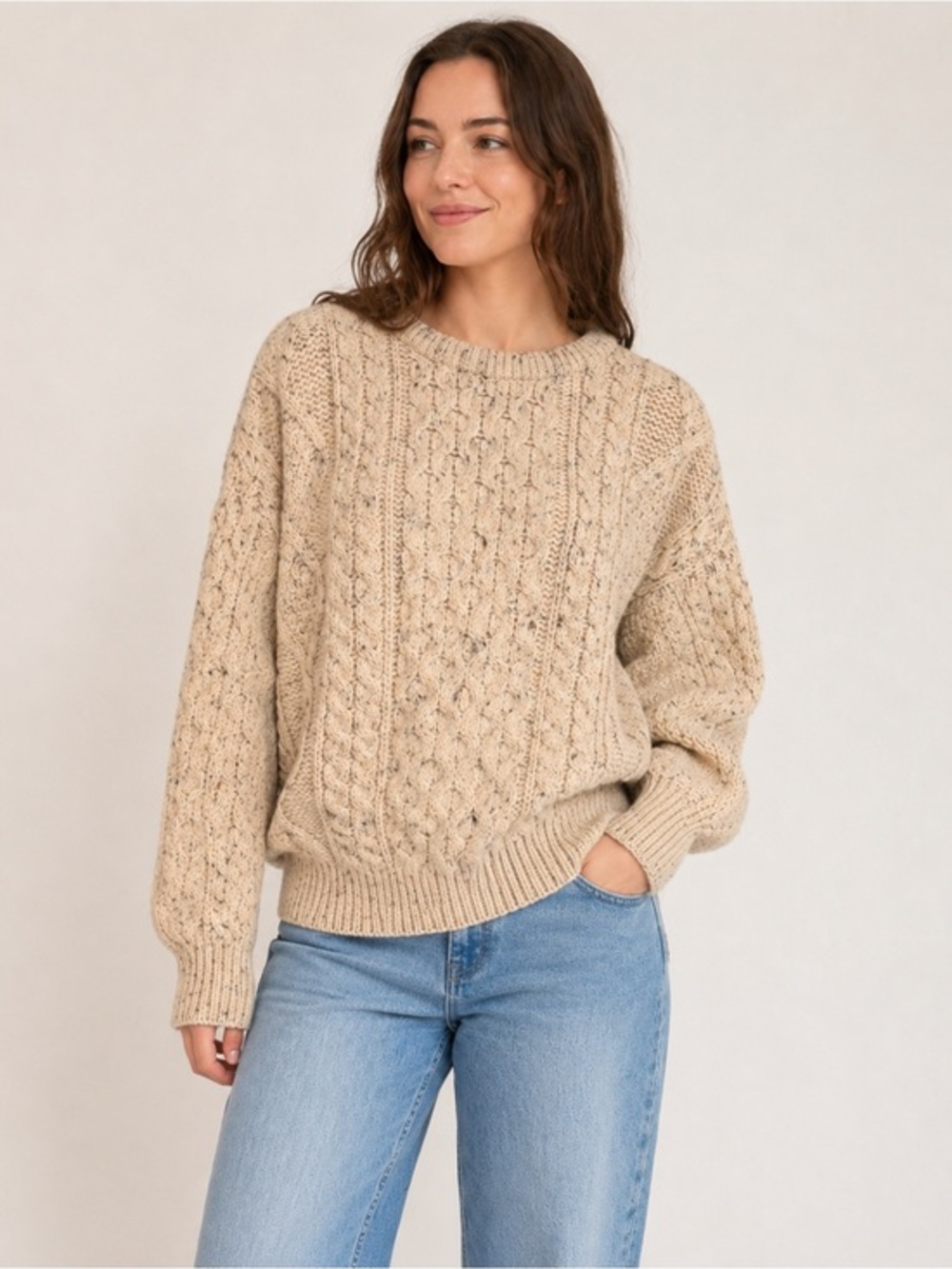 Tivoli Aron Pure New Wool Cable Knit Fisherman Sweater Oatmeal Size S
